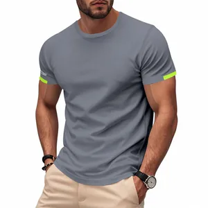 Detailed texture of men's quick-dry grey sports T-shirt with neon accents for running.
