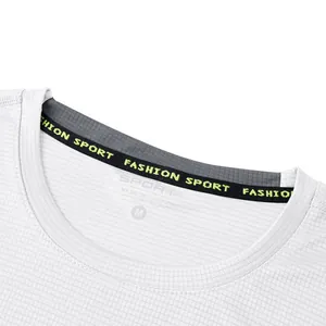 Close-up detail of white quick-dry sports t-shirt collar with reinforced band