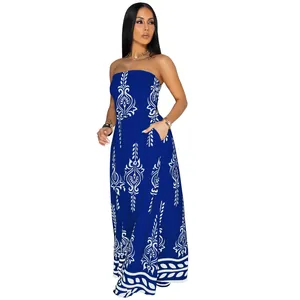 Elegant royal blue strapless maxi jumpsuit with ornate white damask floral pattern prints