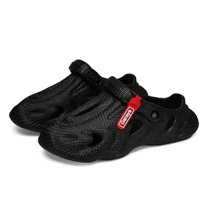 Sabots en EVA de Plein Air pour Hommes Respirants Ajourés Sandales de Plage Motif de Vague Moulage Intégré Semelle Épaisse Chaussures de Jardin