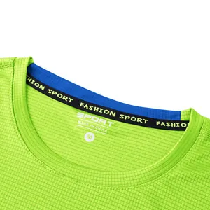 Detailed view of neon green quick-dry sports t-shirt collar with blue trim and textured fabric