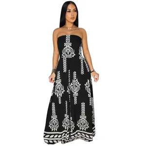 Bohemian black strapless tube top jumpsuit with white symmetrical tribal print patterns