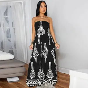 Elegant women's black and white floral print strapless tube top wide-leg jumpsuit