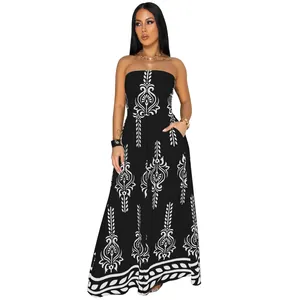Elegant black and white positioning print tube top jumpsuit with wide leg skirt pants design
