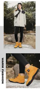 Detail view of warm yellow outdoor snow boots with velvet lining and rotation buckle closure.