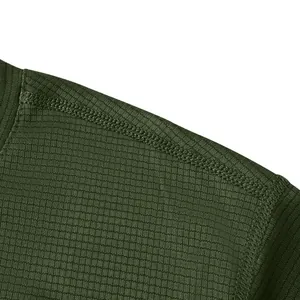 Close-up detail of reinforced shoulder seam on olive green quick-dry sports t-shirt