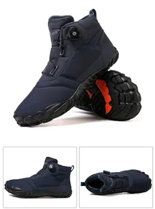 Multi-angle detail of dark blue winter snow boots with warm lining and rotary buckle.