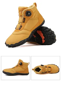 Detailed views of yellow winter high-top outdoor boots with warm insulated fur lining
