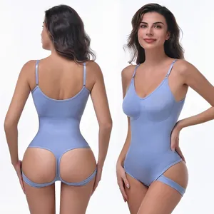 Seamless light blue tummy control bodysuit thong for women with adjustable spaghetti straps
