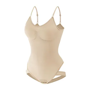 Seamless beige tummy control bodysuit shaper with adjustable straps and thong bottom design