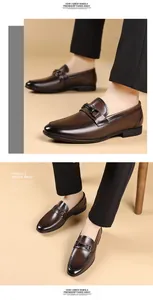 Detailed close-up of premium dark brown leather loafers with elegant metal bit accent.
