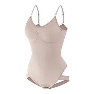 Seamless nude tummy control shapewear bodysuit with adjustable spaghetti straps and thong back