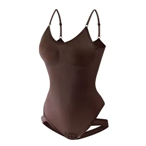 Seamless coffee brown bodysuit shaper with adjustable straps and firm tummy control