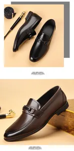 Close-up detail of premium brown leather loafers with an elegant metal buckle accent