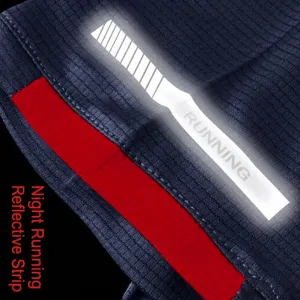 Detail view showing the reflective strip and breathable mesh fabric of men's running t-shirt
