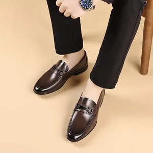 Premium dark brown first-layer cowhide loafers for men with British business style