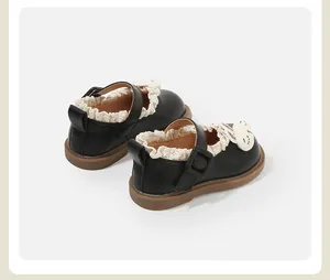 Adorable black toddler girl princess leather shoes featuring delicate lace trim and bunny motif