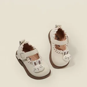 Toddler Girls Princess Shoes Korean Style Rabbit Decor Lace Trim Microfiber Leather Baby Prewalker Shoes Beige Black