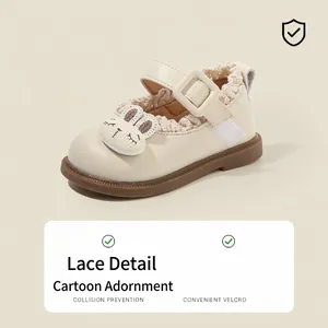 Cream toddler girl princess shoes with cute rabbit decoration and velcro strap