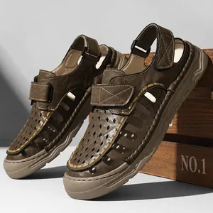 Men Casual Outdoor Beach Sandals Hollowed Out Breathable PU Leather Summer Walking Shoes Non-Slip Rubber Sole Khaki