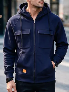 Vorderansicht von marineblauem Herren-Kapuzenpullover mit Taschen und Kordelzug