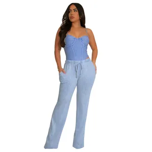 Trendy tweedelige dameskleding set met sexy blauwe camisole en gewassen katoenen broek