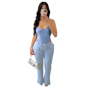 Sexy lichtblauwe gewassen katoenen tweedelige set met geribbelde hemdje en broek