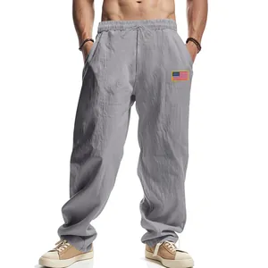 Pantalon large en lin gris pour homme avec écusson drapeau américain classique