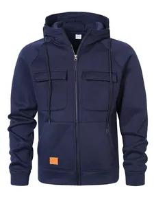Dunkelblauer Herren Hoodie mit Reißverschluss, Kapuze und funktionalen Taschen