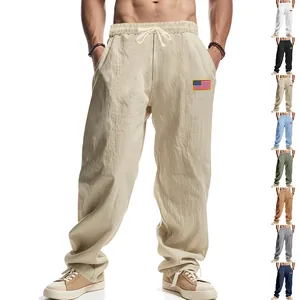 Pantalon Décontracté Homme Mélange Lin Patch Drapeau Américain Cordon Taille Élastique Jambe Large Style Hip Hop Pantalon Ample Pour Hommes Quotidien