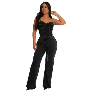 Sexy zwarte tweedelige set van gewassen katoen met korsettop en broek met wijde pijpen