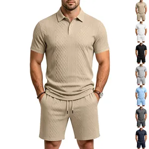 Men's casual jacquard polo shirt and shorts set displayed in various color options
