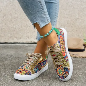 Women's Bohemian Mandala Print Canvas Sneakers Metallic PU Patch Round Toe Flat Board Shoes Ethnic Style Lace-up Plimsolls Large Size