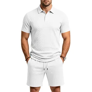 Detailed view of men's white jacquard polo shirt and shorts set on model
