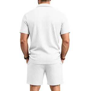 Detailed back view of men's premium white jacquard polo shirt and matching shorts set.