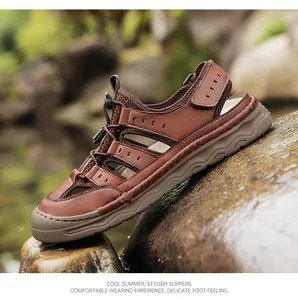 Professional close-up of a brown leather outdoor sandal on a wet rock with natural background