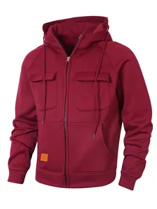 Burgunderrote Herren-Kapuzenjacke mit Multi-Taschen-Design und verstellbarer Kapuze