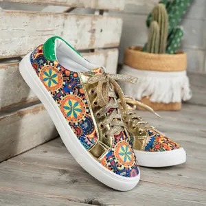 Vibrant mandala print canvas sneakers for women with metallic gold accents and green heel
