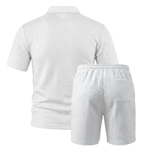 Rear view of white men's casual polo and shorts set featuring a textured jacquard design