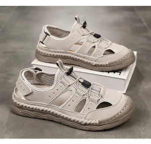 Macro view of breathable mesh men's casual sandals featuring braided sole decorative edge.