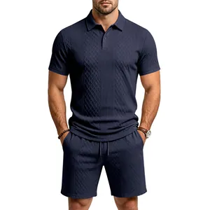 Full view of a men's navy blue textured jacquard knit polo shirt and matching shorts set.