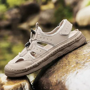 Breathable khaki men's outdoor sandals with mesh upper and durable non-slip rubber sole