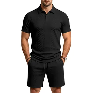 Premium men's heavy jacquard polo shirt and matching shorts set in black summer casual style