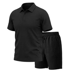 Detailed texture of black heavy jacquard men's polo shirt and shorts casual summer set