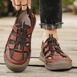 Men's breathable brown leather mesh sandals with adjustable drawstrings for outdoors