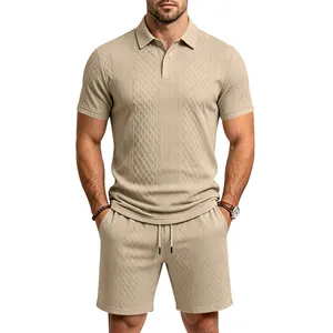Detail view of men's beige heavy jacquard polo shirt and matching shorts set.