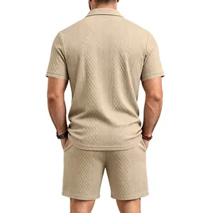 Back view of men's beige jacquard polo and shorts set showing fabric texture detail