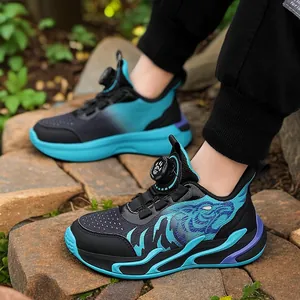 Boys' breathable basketball shoes with rotary buckle in stylish blue and black gradient