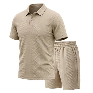 Detailed view of men's summer jacquard knit Polo shirt and shorts matching set