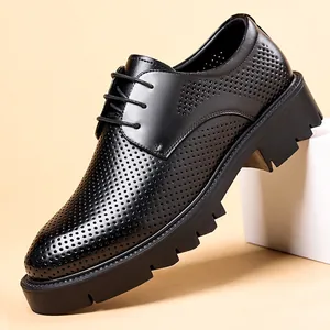 Men Business Hollow Out Elevator Leather Shoes Breathable Thick Sole Lace Up Formal Dress Shoes For Work Daily Wear Black